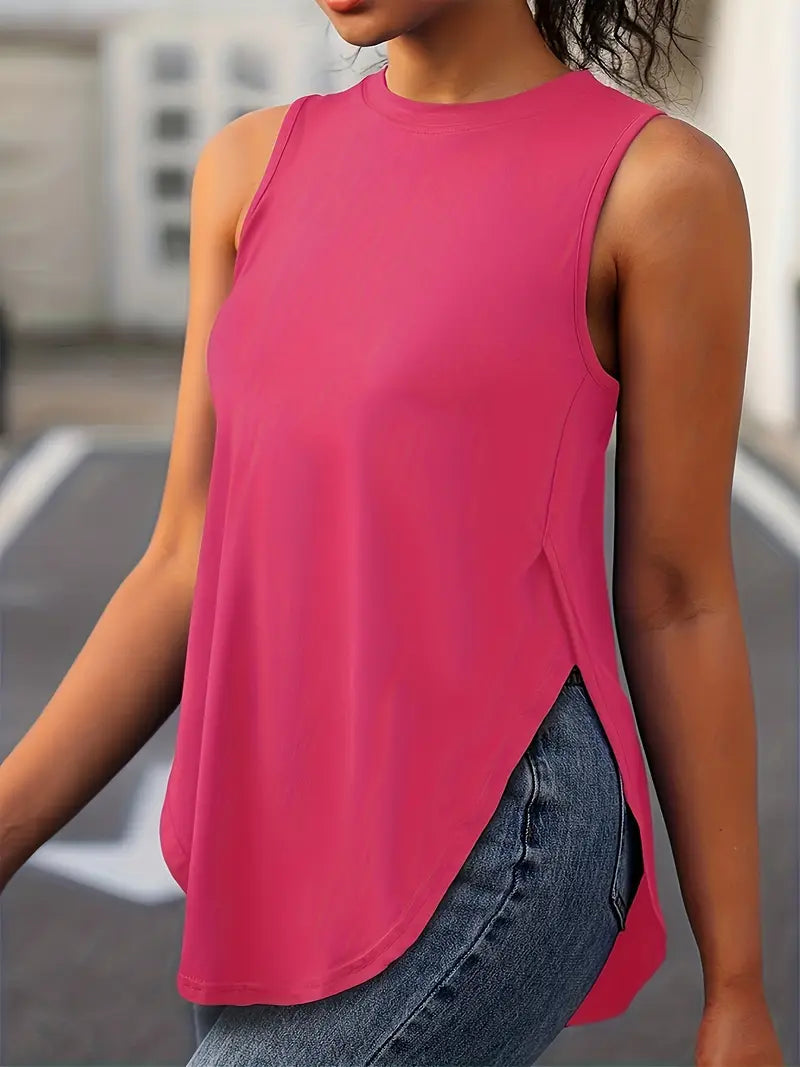 Desirae | Sleeveless Round Neck Curved Hem Top