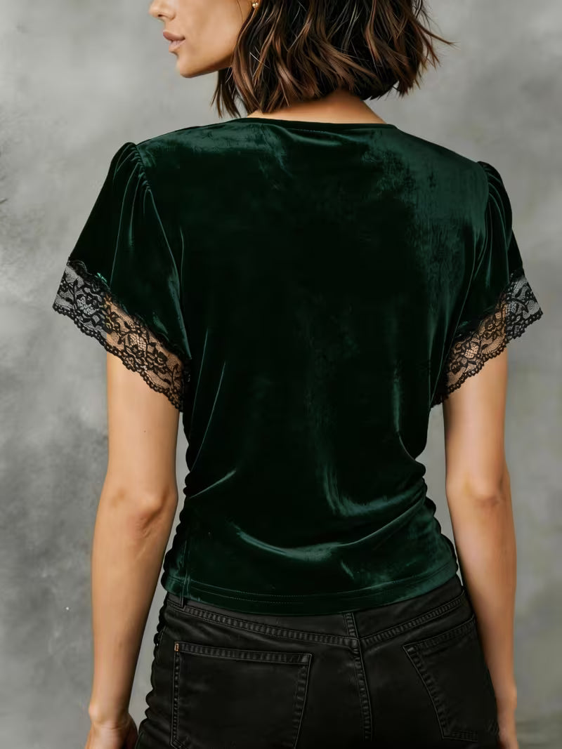 Jalisa | Velvet Lace Trim Wrap Neck Top