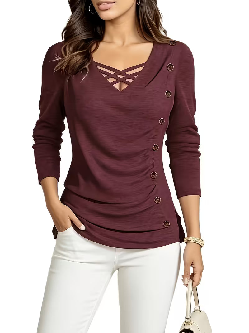 Keziana | Top V Neck Criss Cross Button Trim