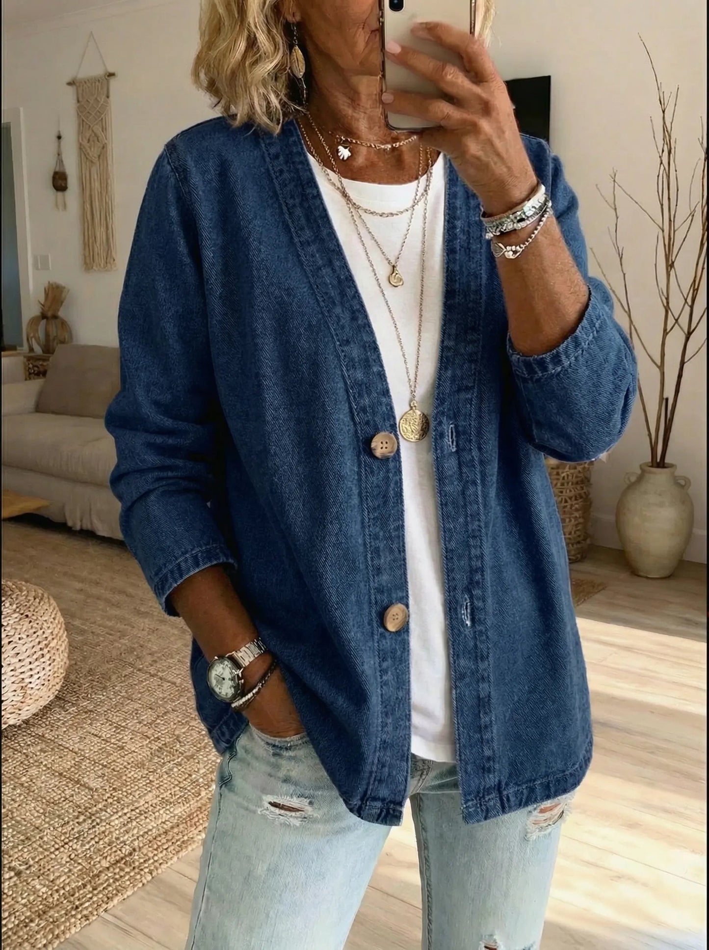 Helama | Denim Style Button Front Relaxed Jacket