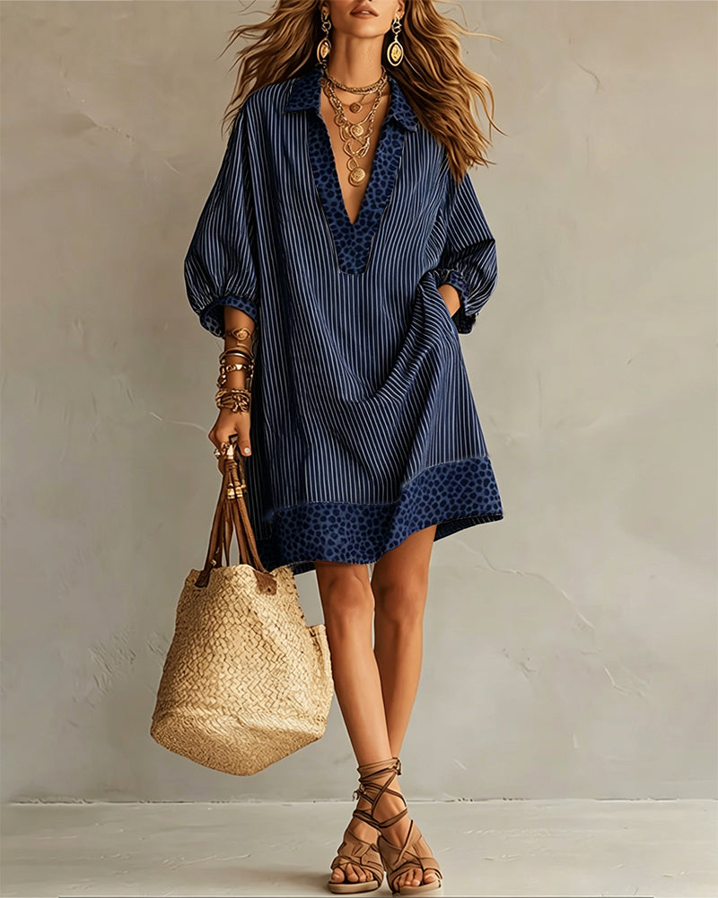 Marget | Striped V Neck Puff Sleeve Dress