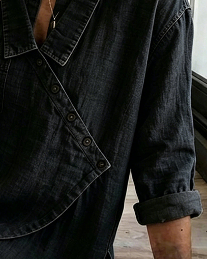 Olizia | Denim-Style Wrap Button Blouse