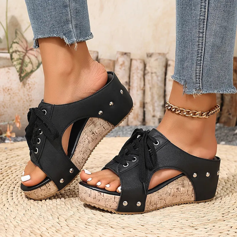 Nadiu | Wedge Sandals Open Toe Lace Up