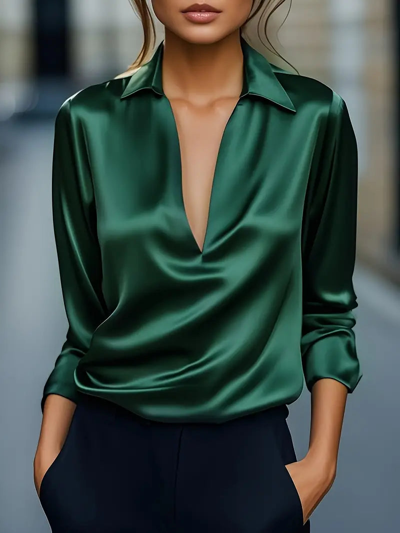 Lianyandra | V-Neck Satin Blouse in Light Pink
