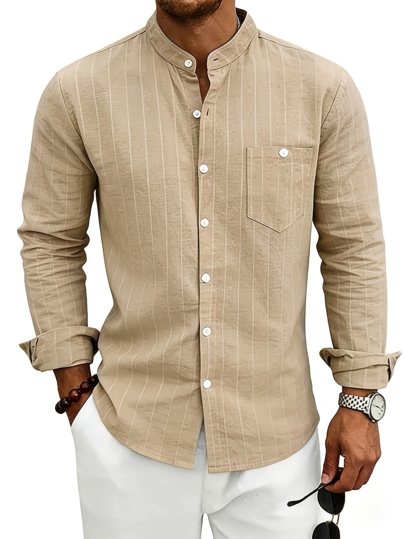Leslie | Striped Band Collar Button Shirt