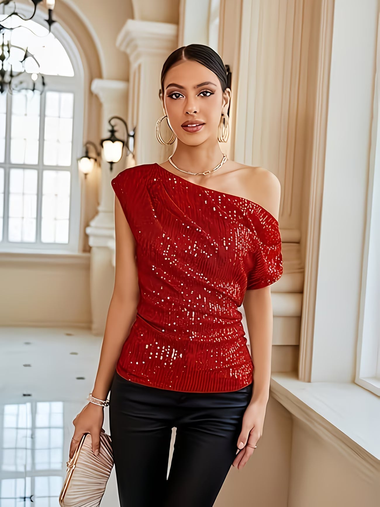 Jhasel | Sequin One Shoulder Ruched Blouse