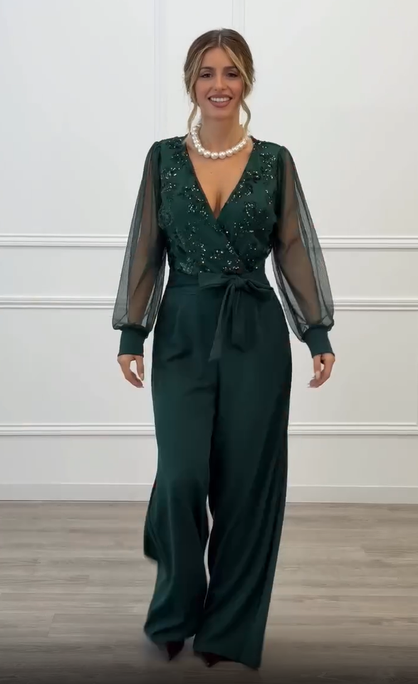Meira - Mesh Sleeve Embellished Wide Leg Jumpsuit