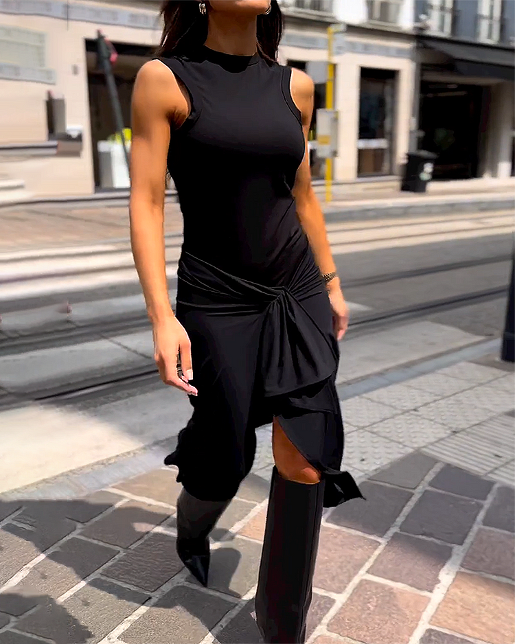 Viana | Sleeveless High Neck Draped Midi Dress