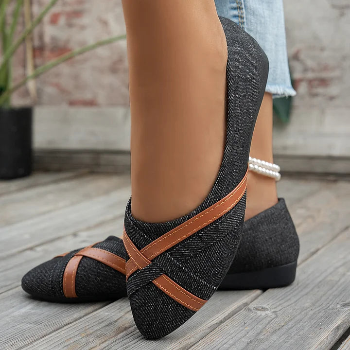 Shakina | Denim-Style Cross Strap Ballet Flats