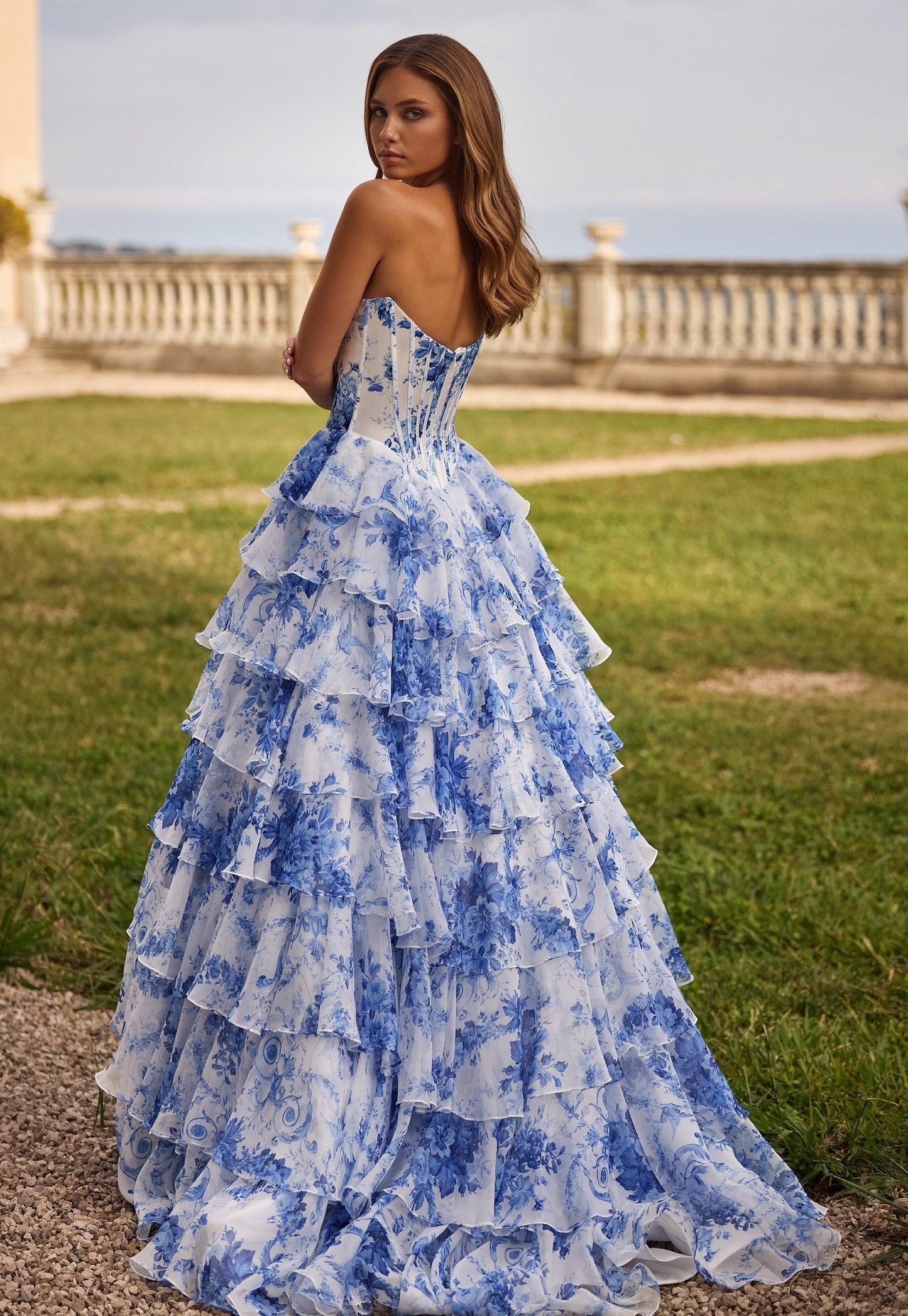 Miolina | Evening Dress with Strapless Layered Ruffles