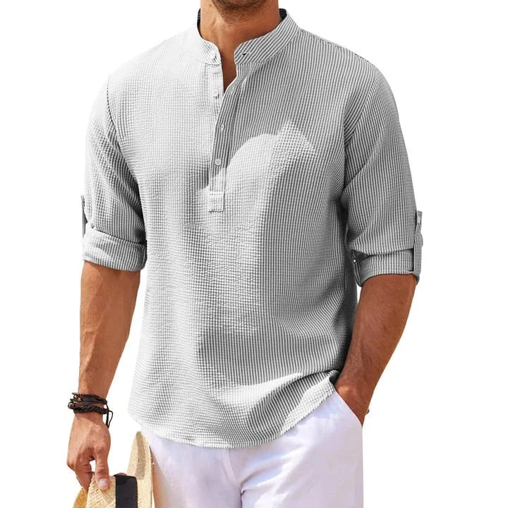 Tjeerd | Textured Grandad Collar Roll Sleeve Shirt