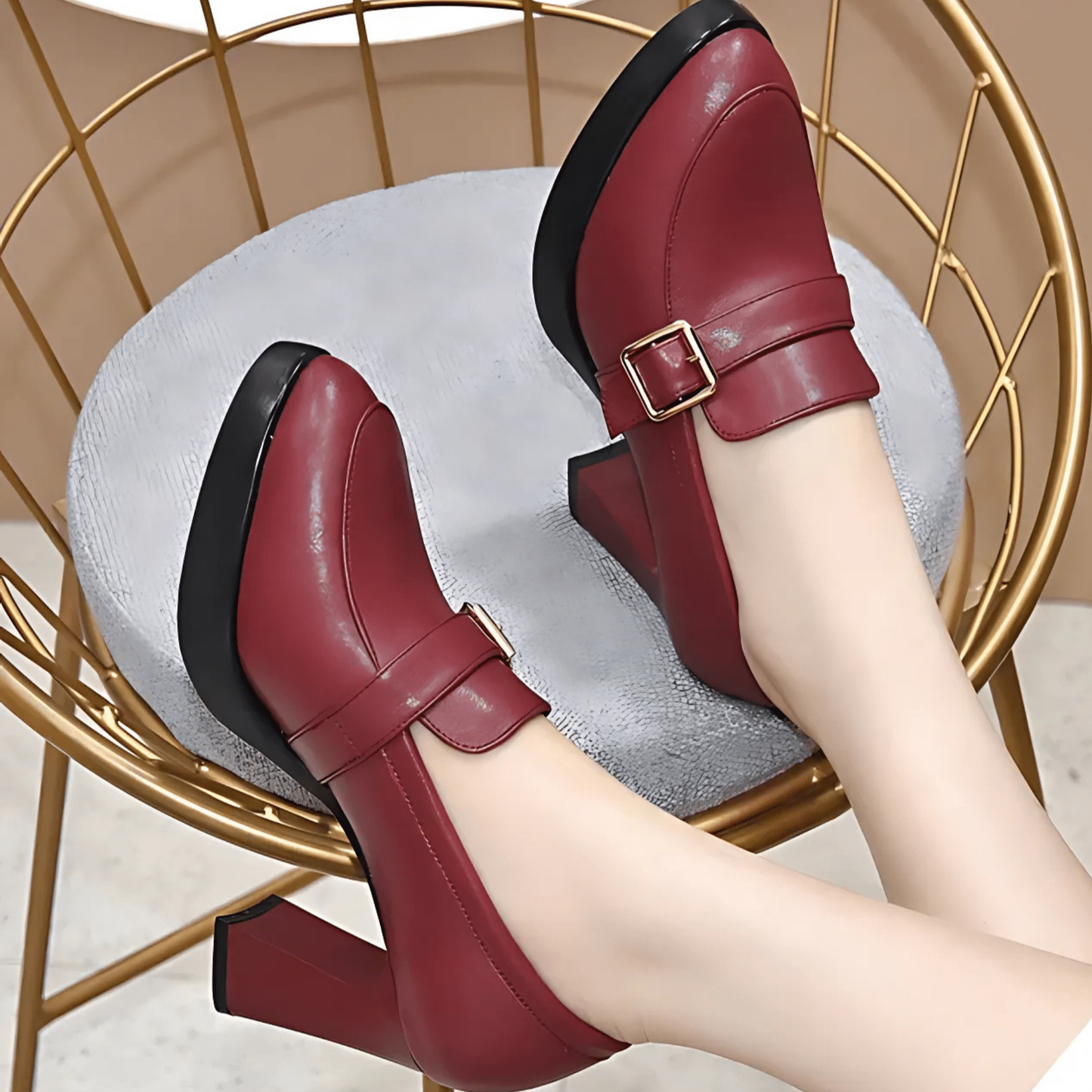 Lueena - Round Toe Block Heel Court Shoes