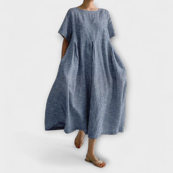 Nurhan | Checked Short Sleeve Midi Smock Dress