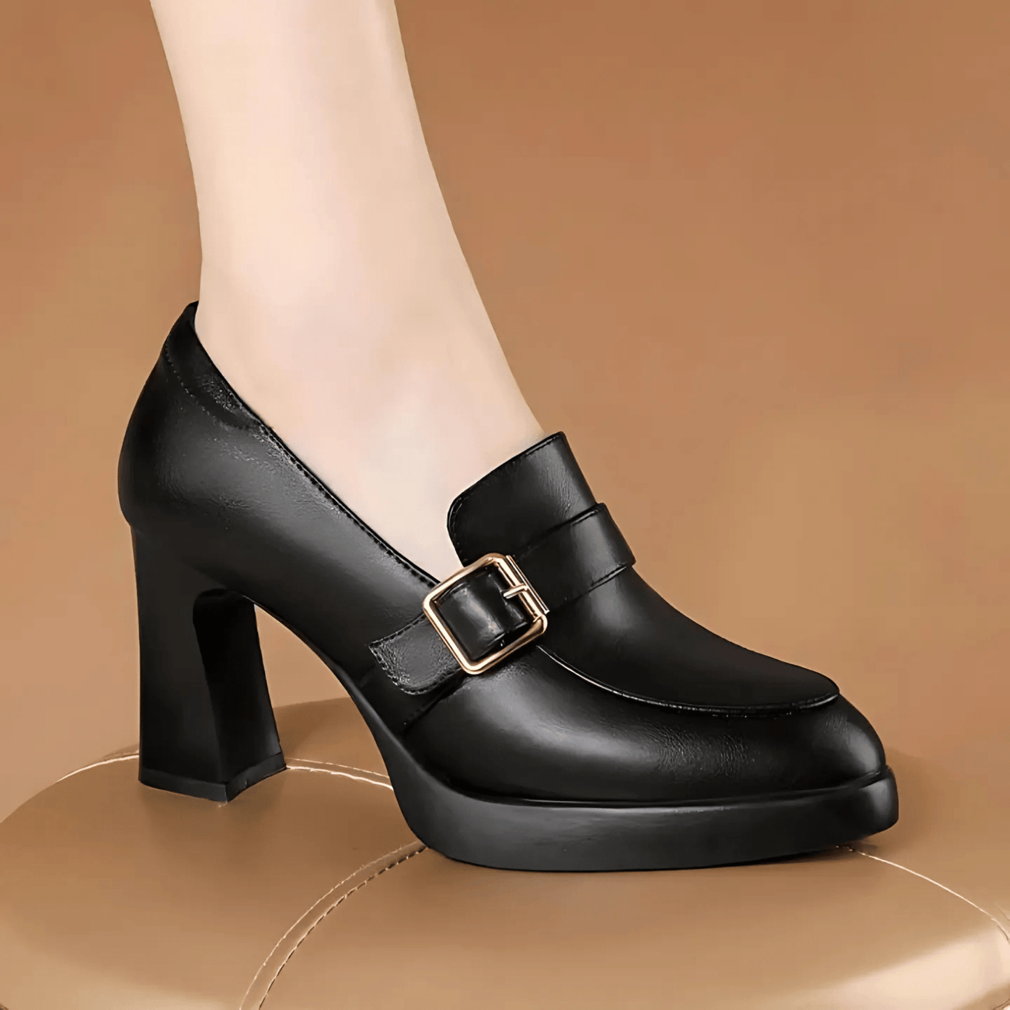 Lueena - Round Toe Block Heel Court Shoes