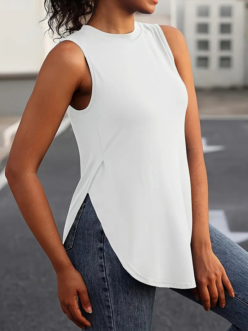 Desirae | Sleeveless Round Neck Curved Hem Top