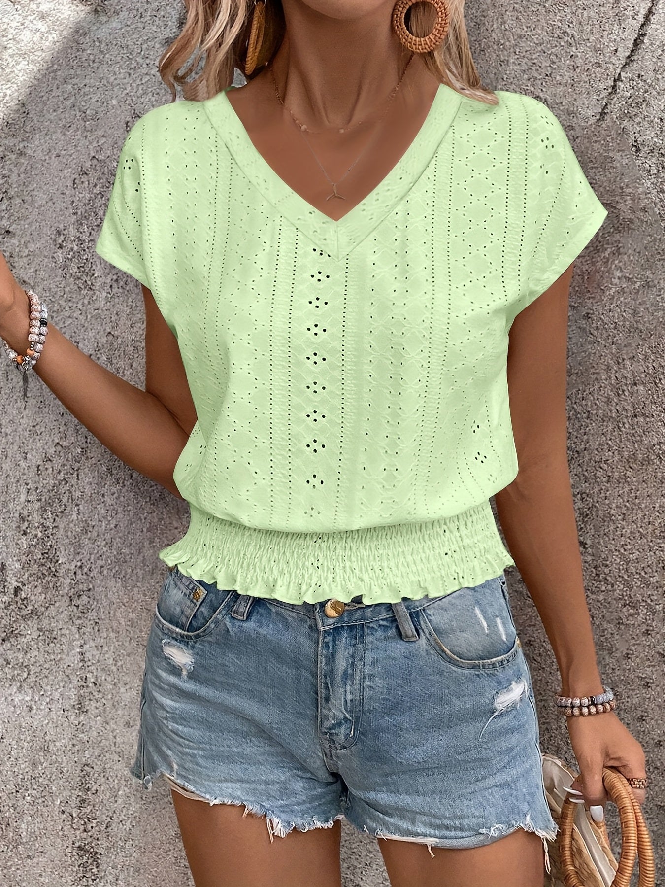 Delores - Batwing Sleeve V Neck Smocked Blouse