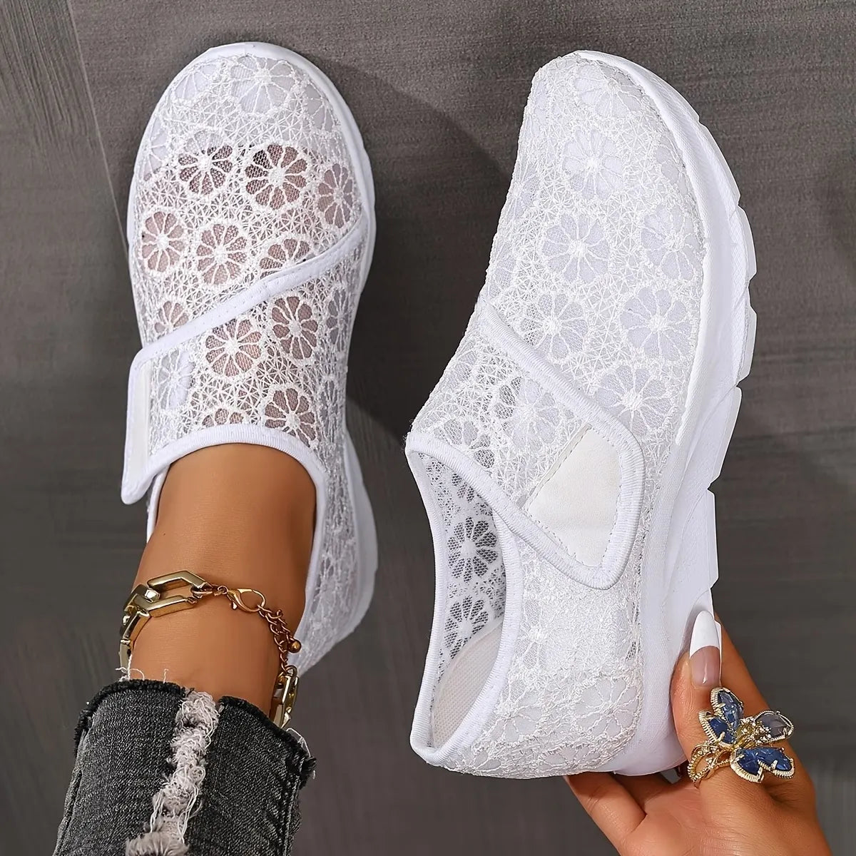 Tonjaa | Lace Floral Embroidered Slip-On Sneakers