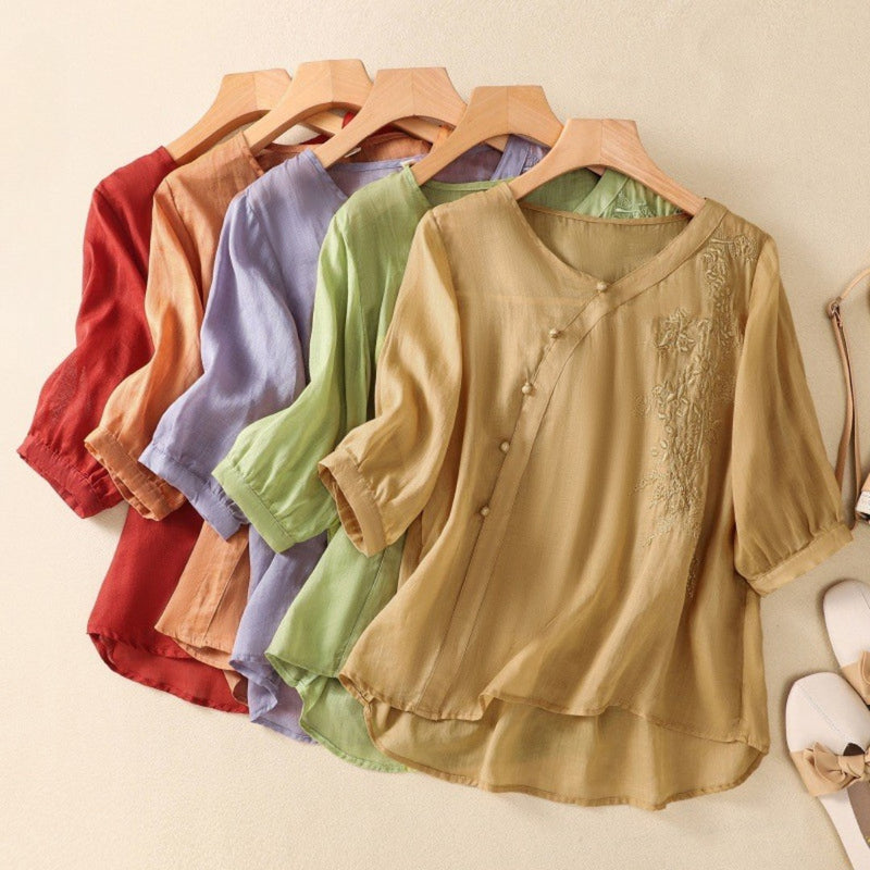 Loreen - Asymmetrical Button Tunic Embroidered Three Quarter Sleeve