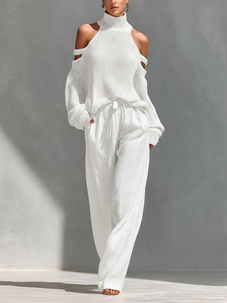 Elyzia | Trouser Set With Knitted Cold Shoulder Top