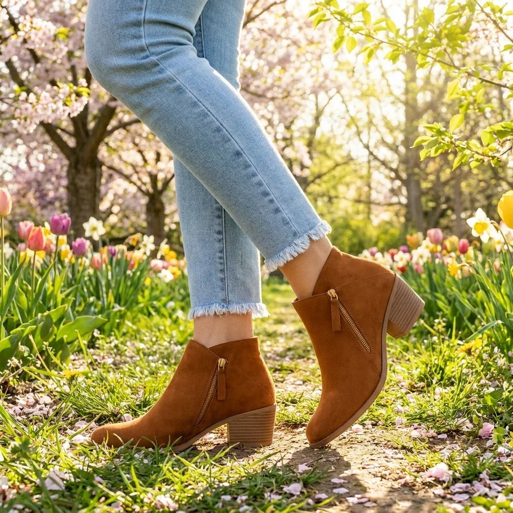 Krista | Ankle Boots Side Zip Block Heel Suede-Style