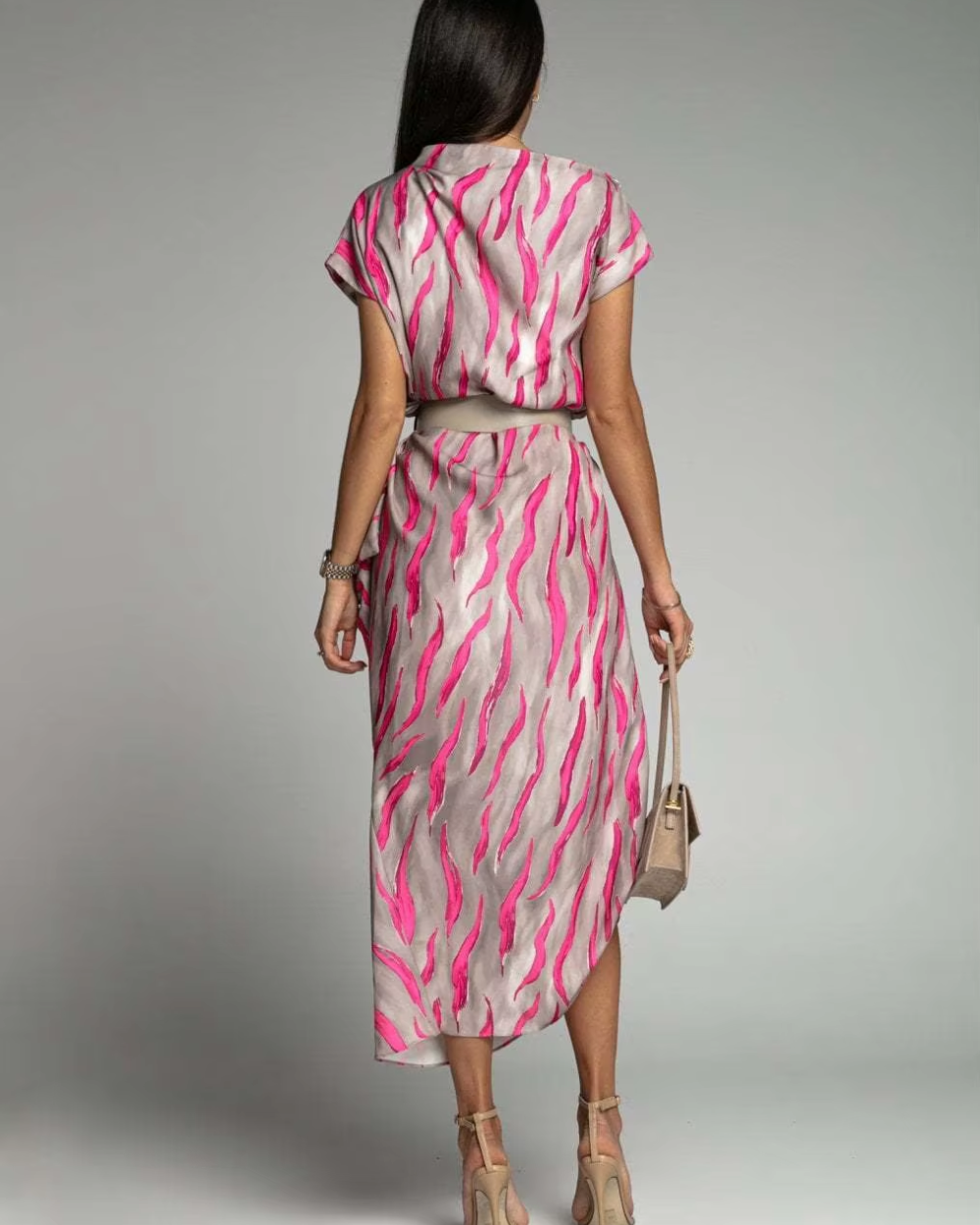 Angie - Asymmetric Printed Midi Dress With Belt