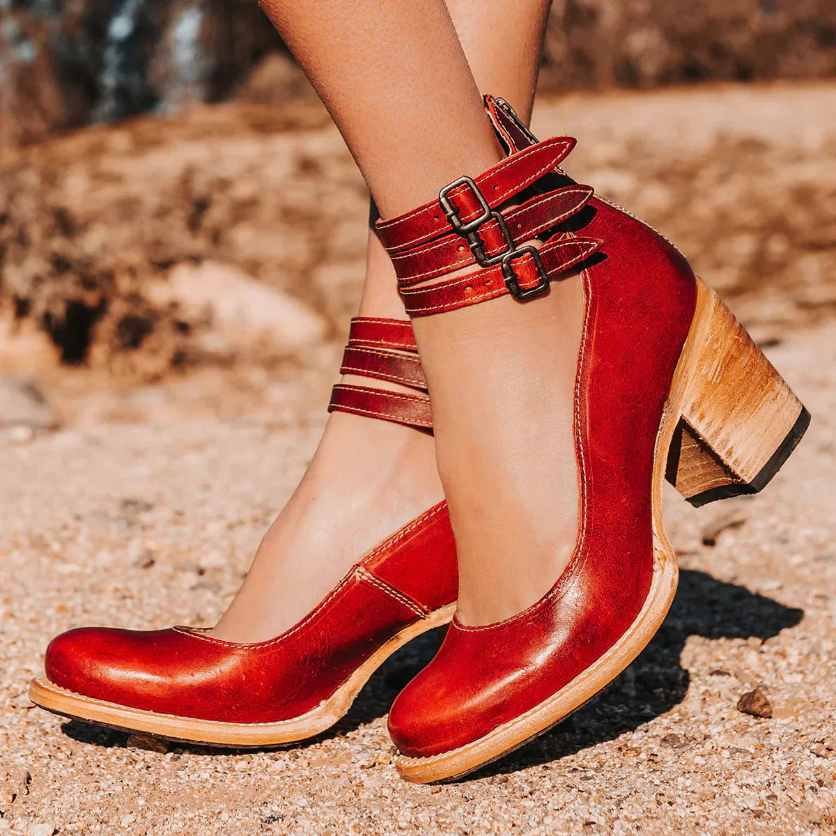 Steffie – Wooden Block Heel Strap Shoes