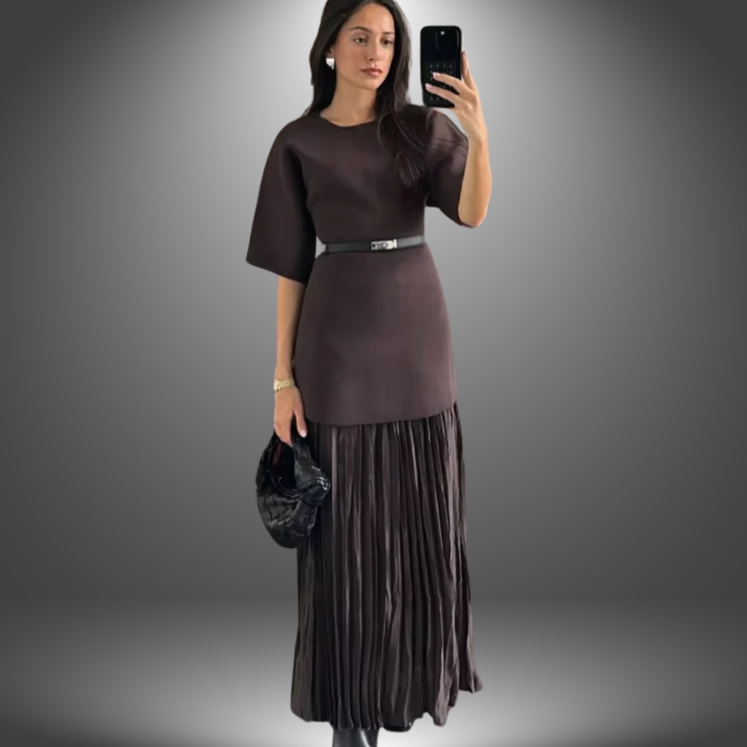 Valentina | Pleated Midi Dress Long Sleeve Belted