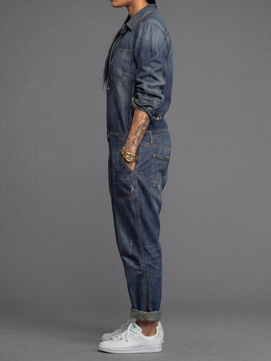 Ravina - Button Front Utility Denim Style Jumpsuit