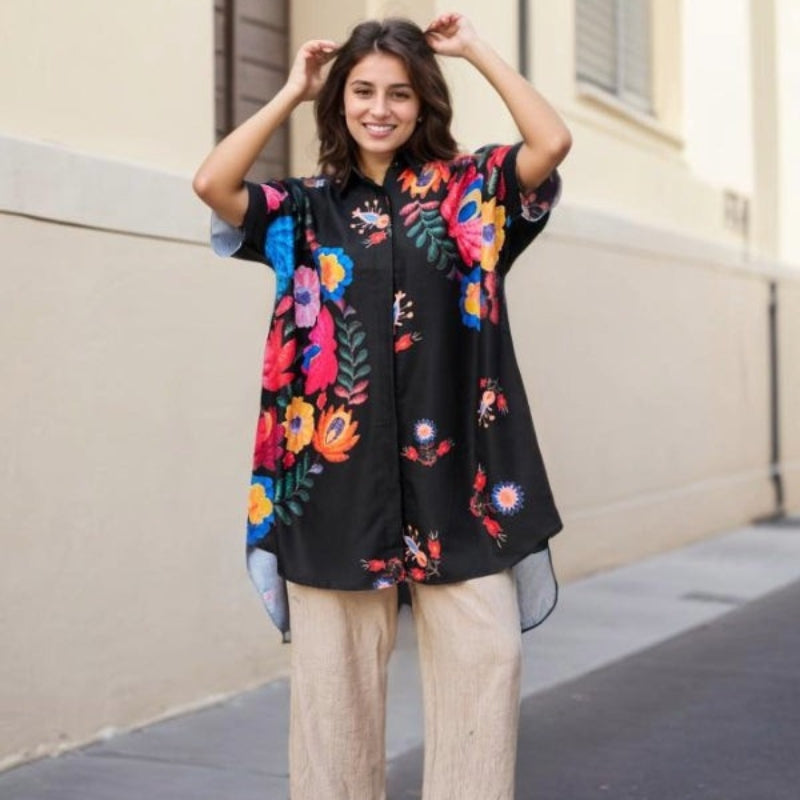 Rossella | Floral Print Short Sleeve Long Shirt