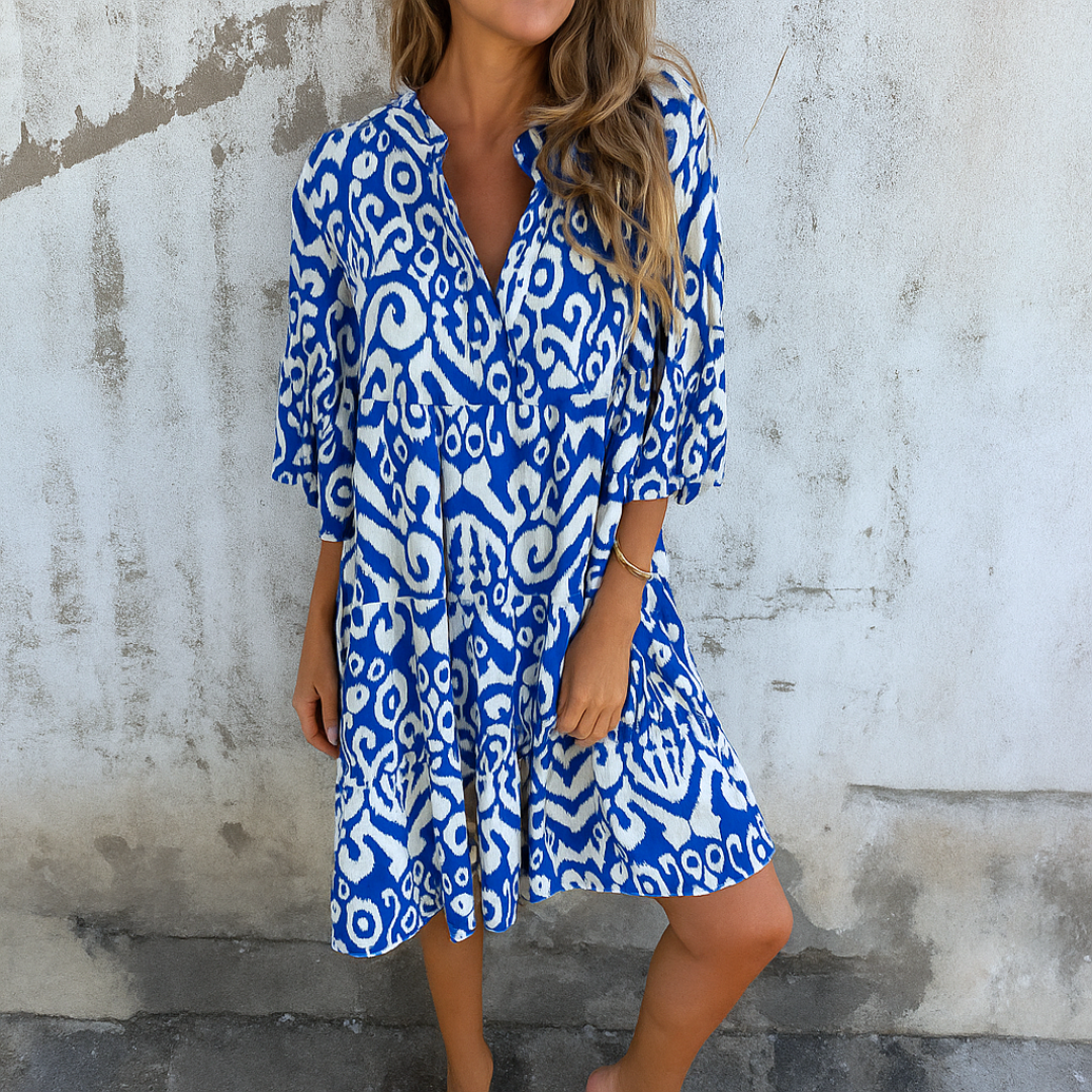 Shaffer | Printed V-Neck Smock Midi Dress