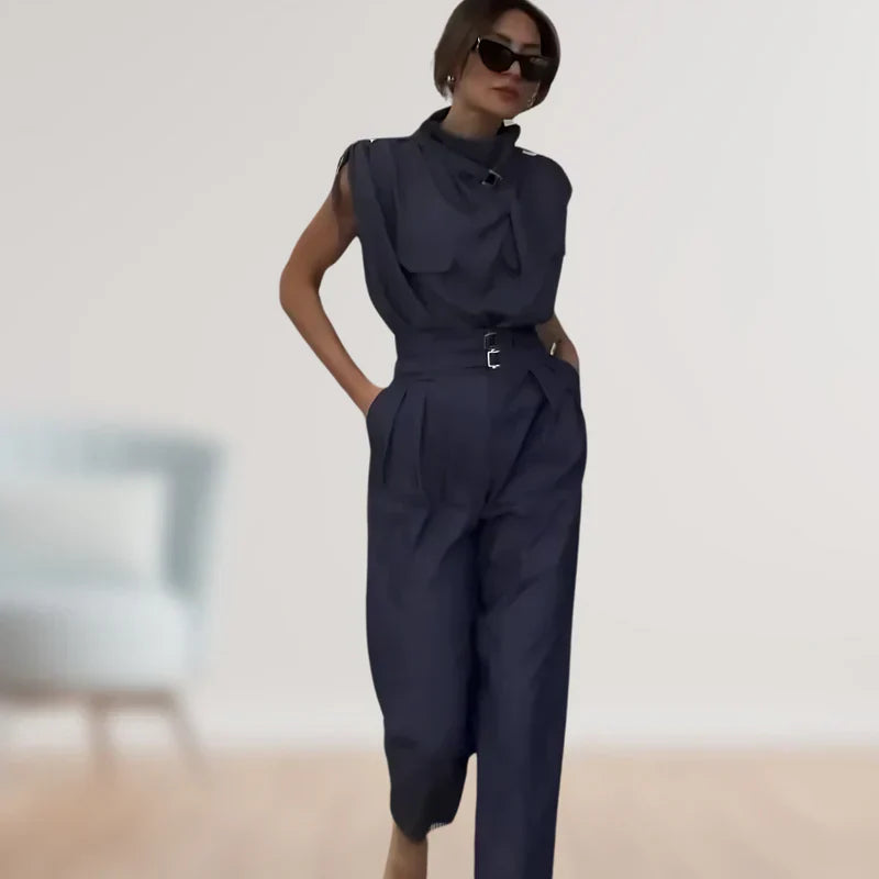 Reinhild | Sleeveless High Neck Belted Two Piece Set