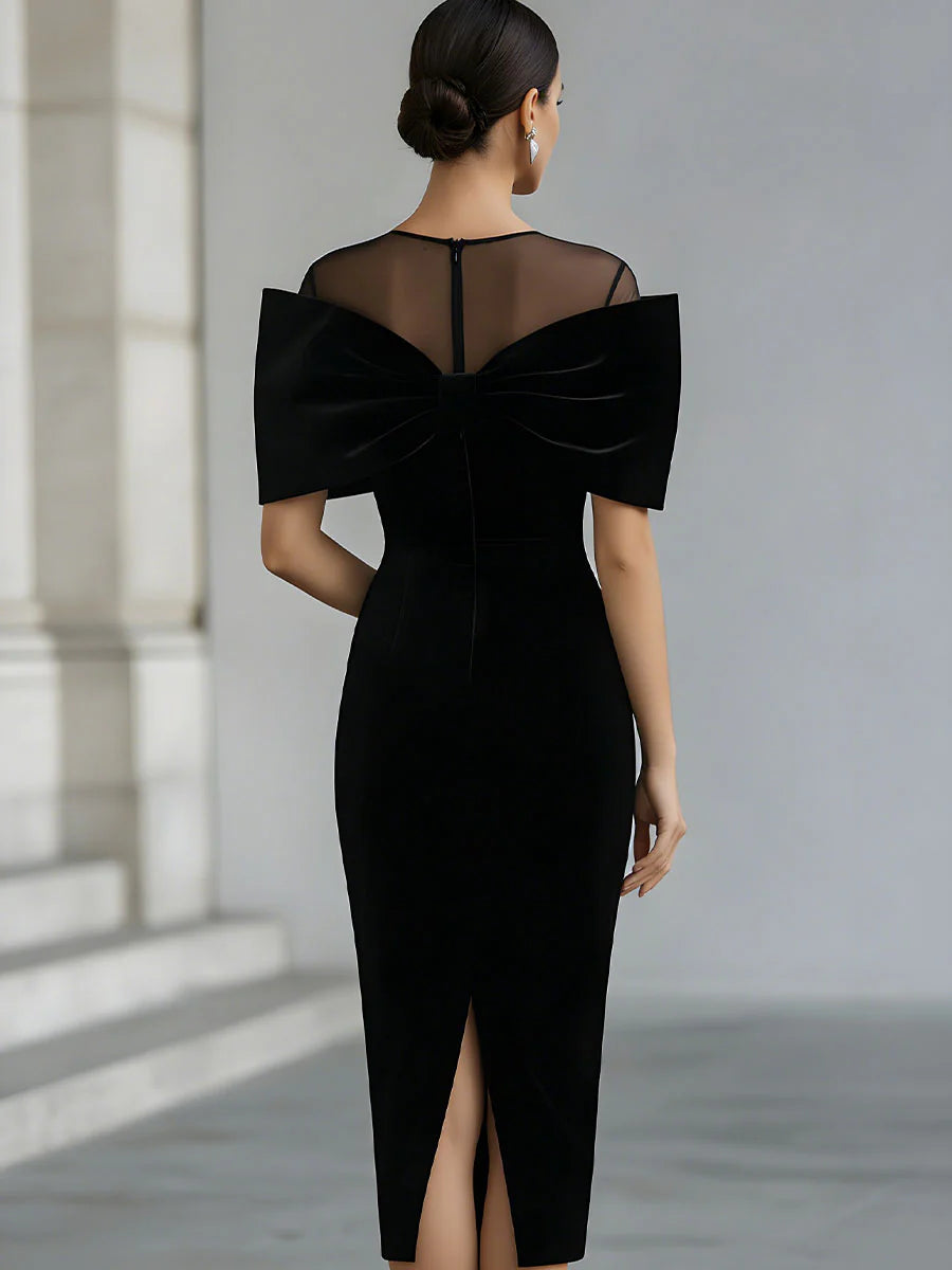 Inkeri | Black Mesh Neck Bow Midi Dress