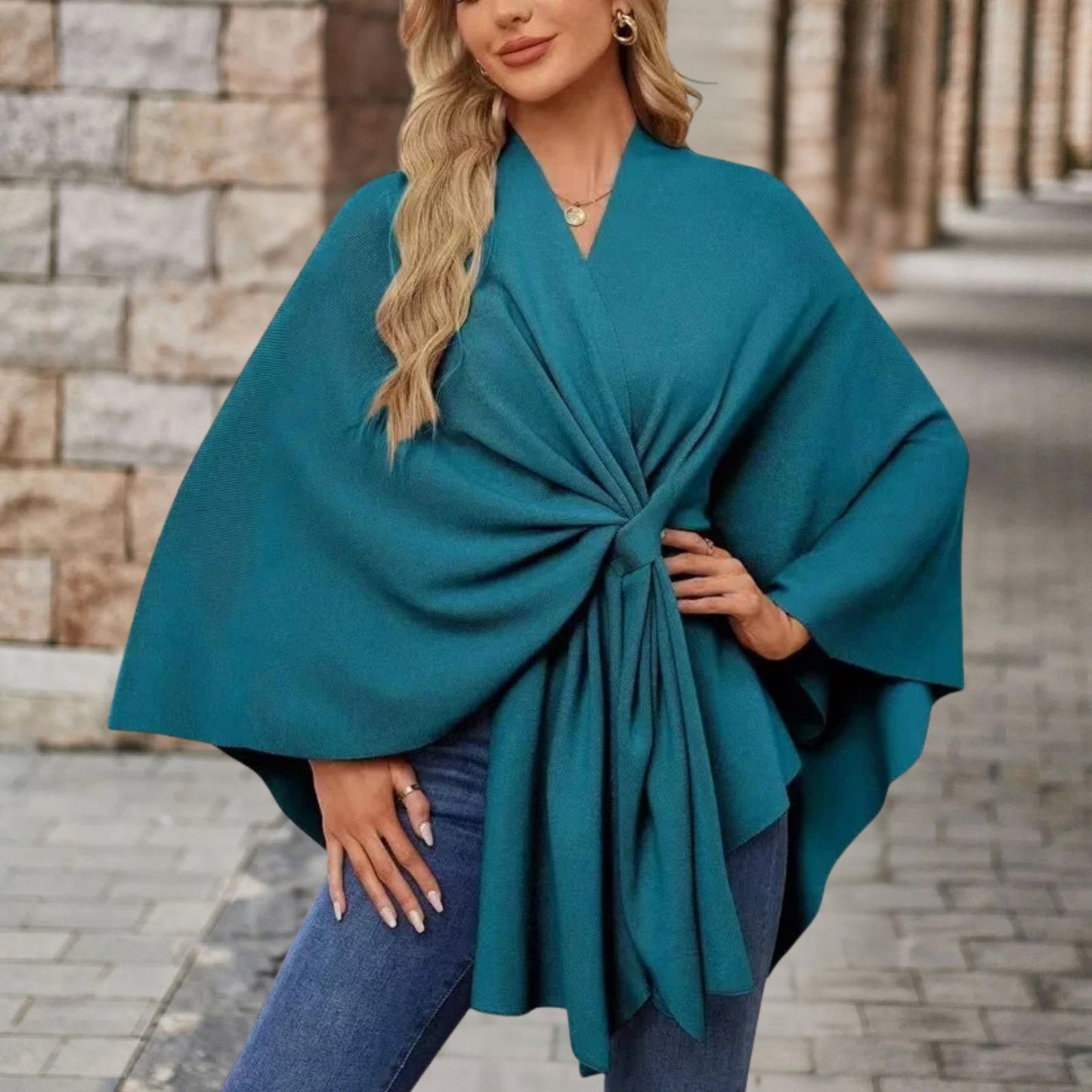 Helin | Knotted Front Wrap Knit Poncho