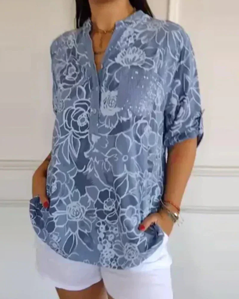 Narese | Floral Print V-Neck Roll Sleeve Blouse
