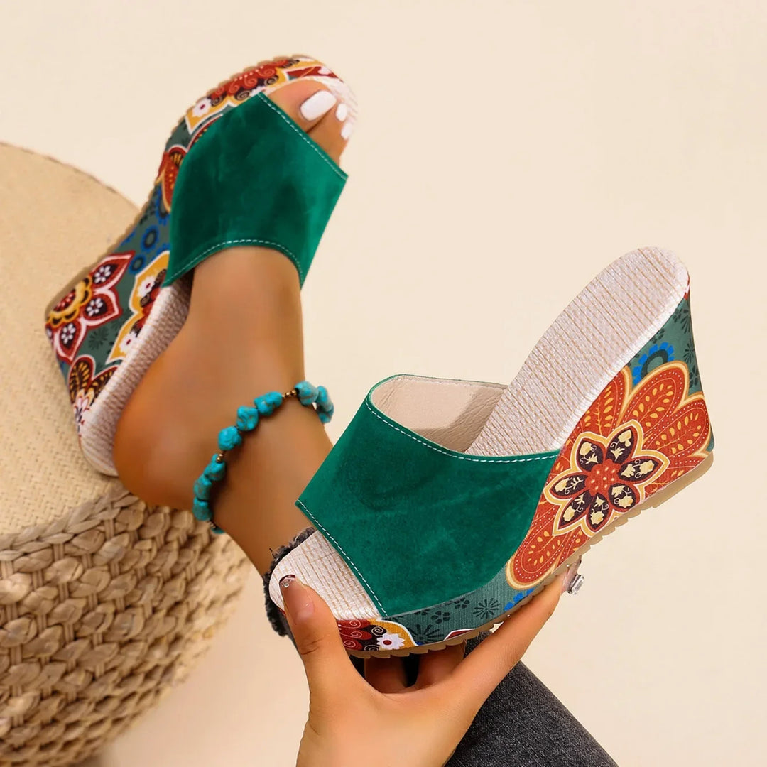 Laerke - Floral Print Wedge Slide Sandals