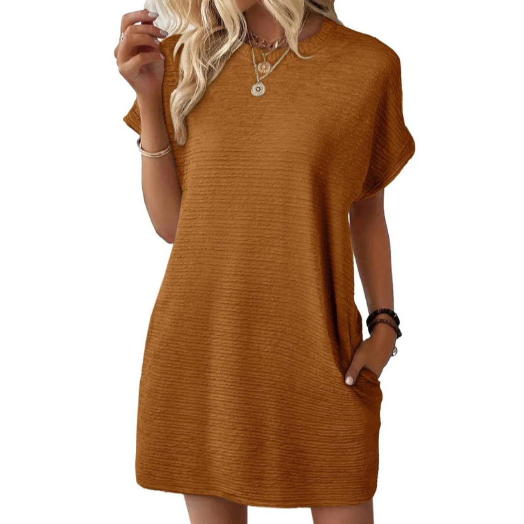 Elviaa - Short Sleeve Textured Pocket Mini Dress
