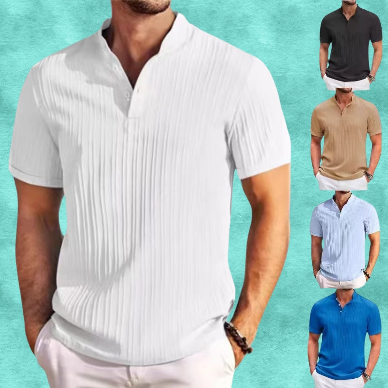 Tomasz | Short Sleeve Ribbed Grandad Collar Shirt