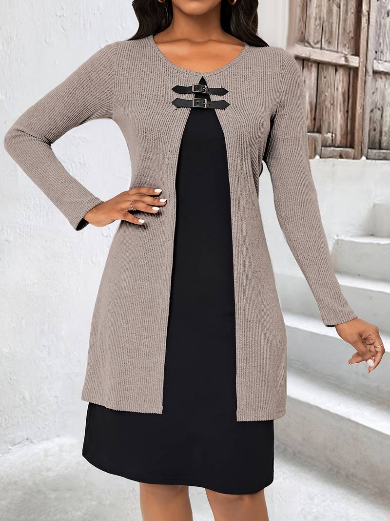 Shirahoshi | Ribbed Long Sleeve Buckle Front Dress