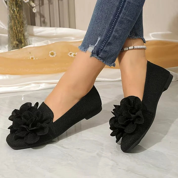 Catriona | Flower Knit Square Toe Ballet Flats
