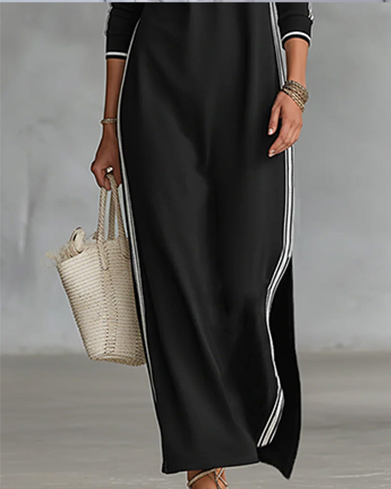 Sirilak | Maxi Dress Black Contrast Stripe Buttoned Neck