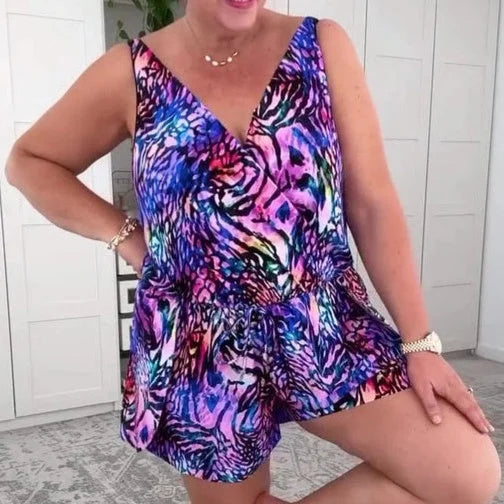 Evdoxia | Sleeveless Printed V-Neck Swim Romper