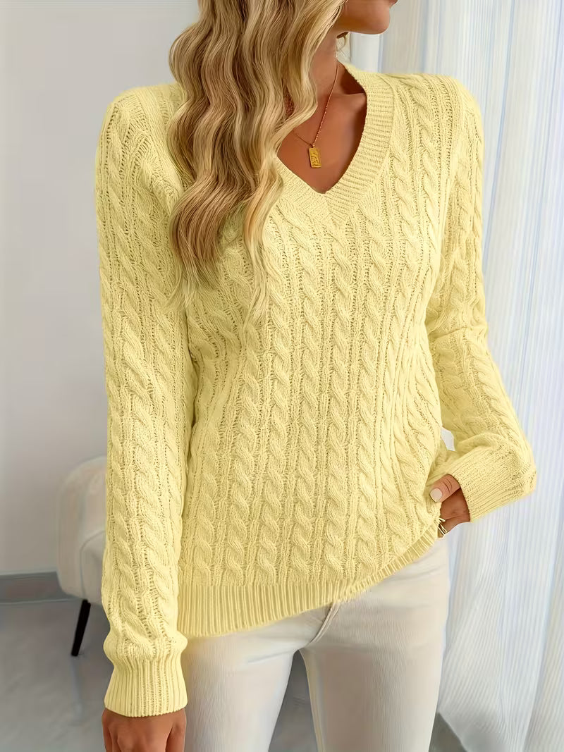 Lenea | Cable Knit V-Neck Long Sleeve Sweater