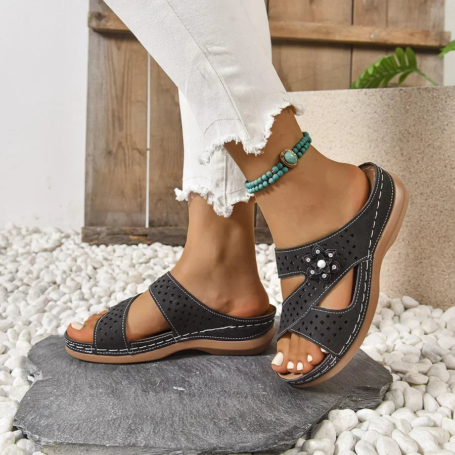 Kristine | Flower Detail Cut-Out Wedge Sandals