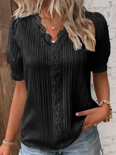 Madelen | V Neck Lace Trim Pleated Blouse