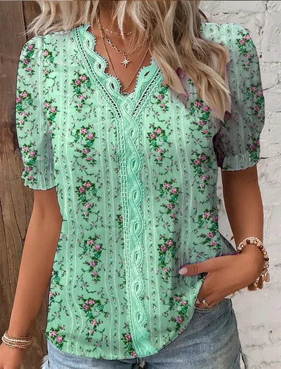 Madelen | V Neck Lace Trim Pleated Blouse