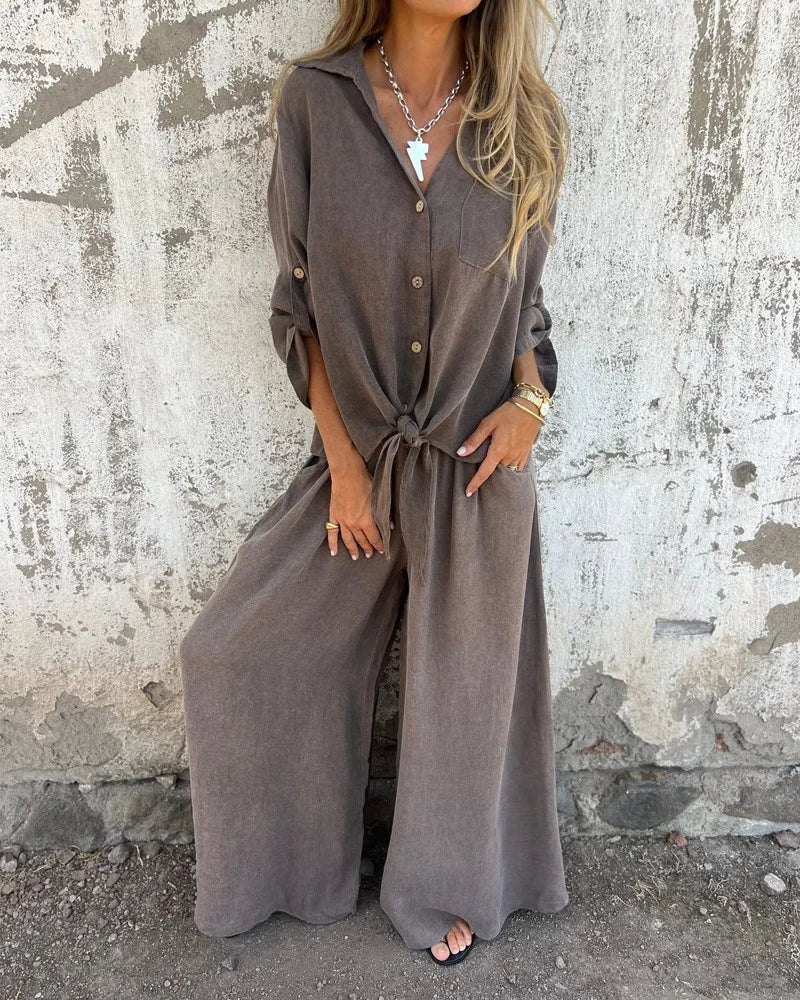 Bogna| Two-Piece Set Button-Up Shirt Wide-Leg Trousers