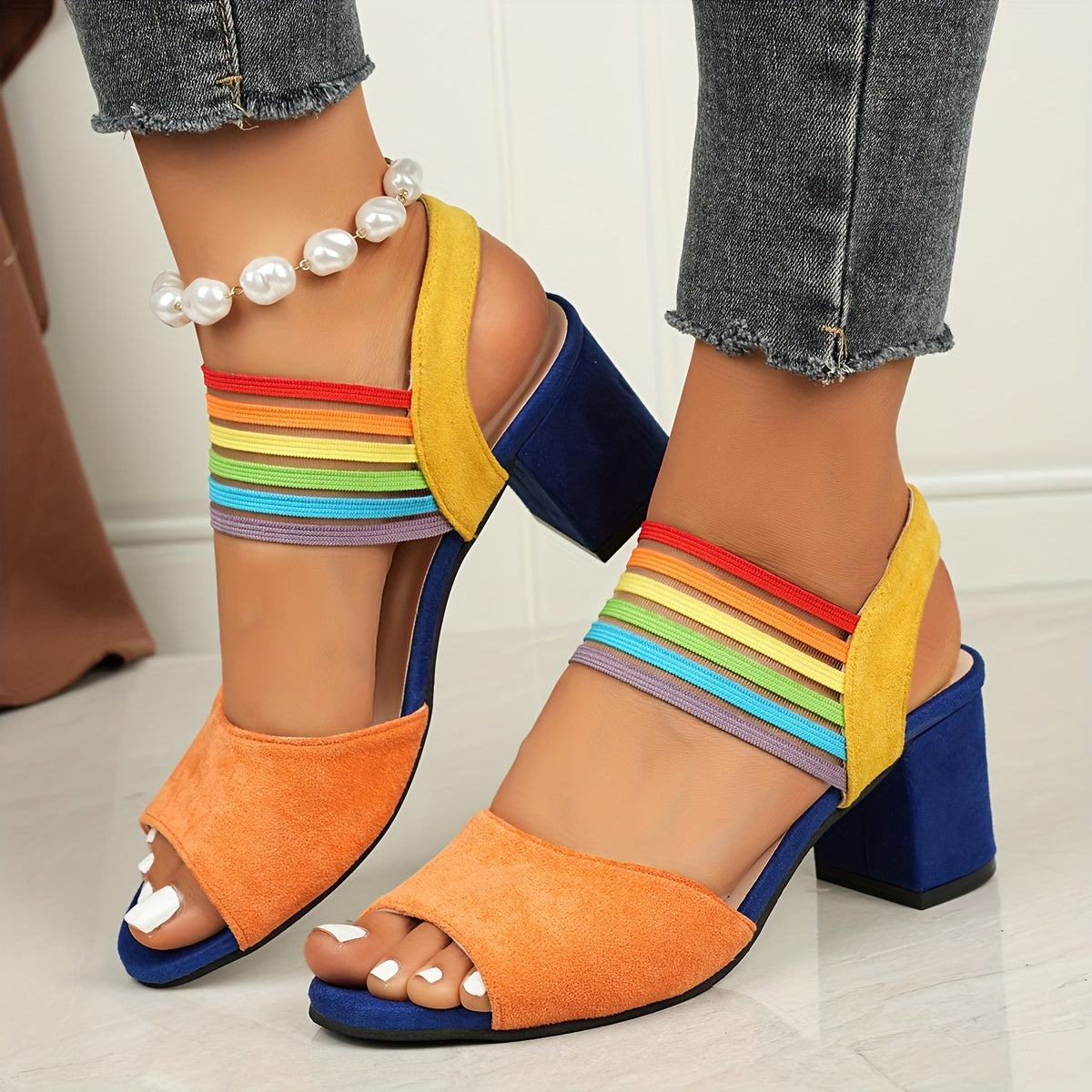 Ludovica | Chunky Heeled Open Toe Sandals in Blue