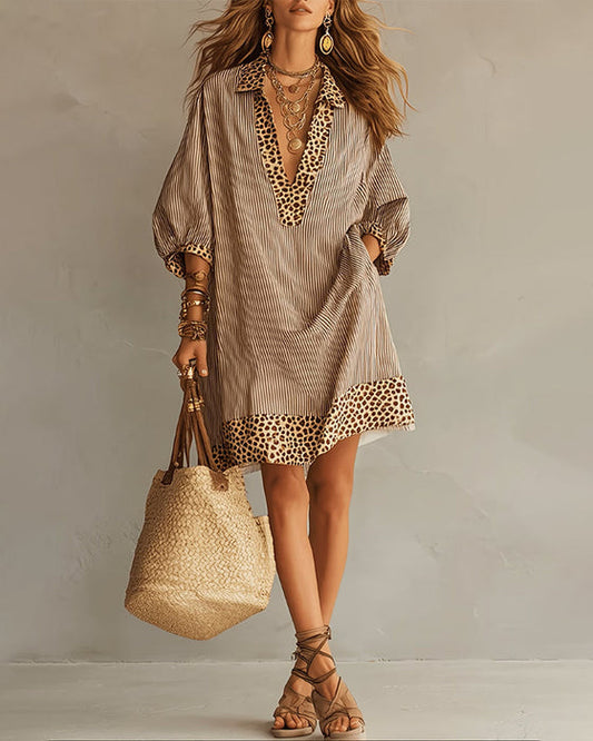 Marget | Striped V Neck Puff Sleeve Dress