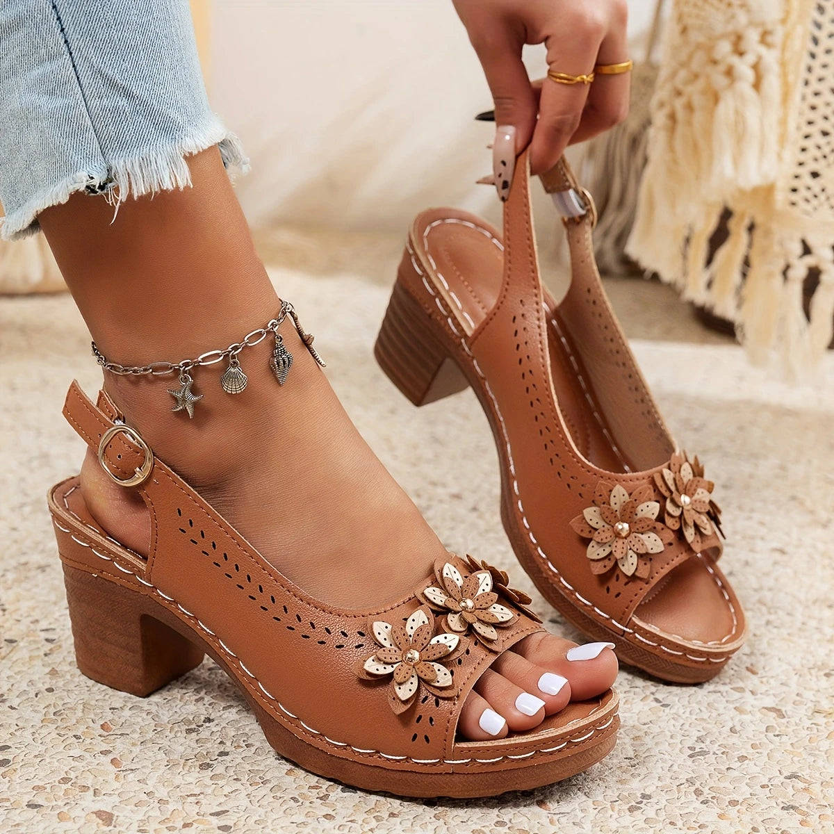 Haisley | Sandals Floral Slingback Block Heel