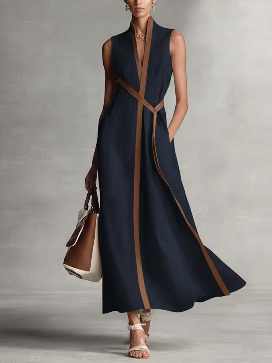 Hirusha | Sleeveless Linen Style Belted Maxi Dress